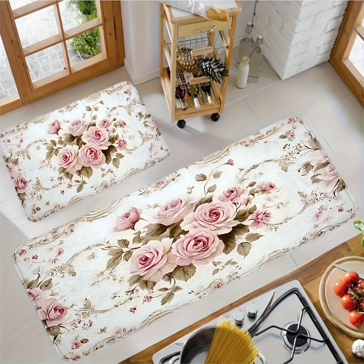TEMU 1pc Decorative Mat - Floral Print Non-slip Soft Flannel Fabric With Sponge Rub, Home D&eacute;cor Doormat For Bedroom Living Room Kitchen Entry Way