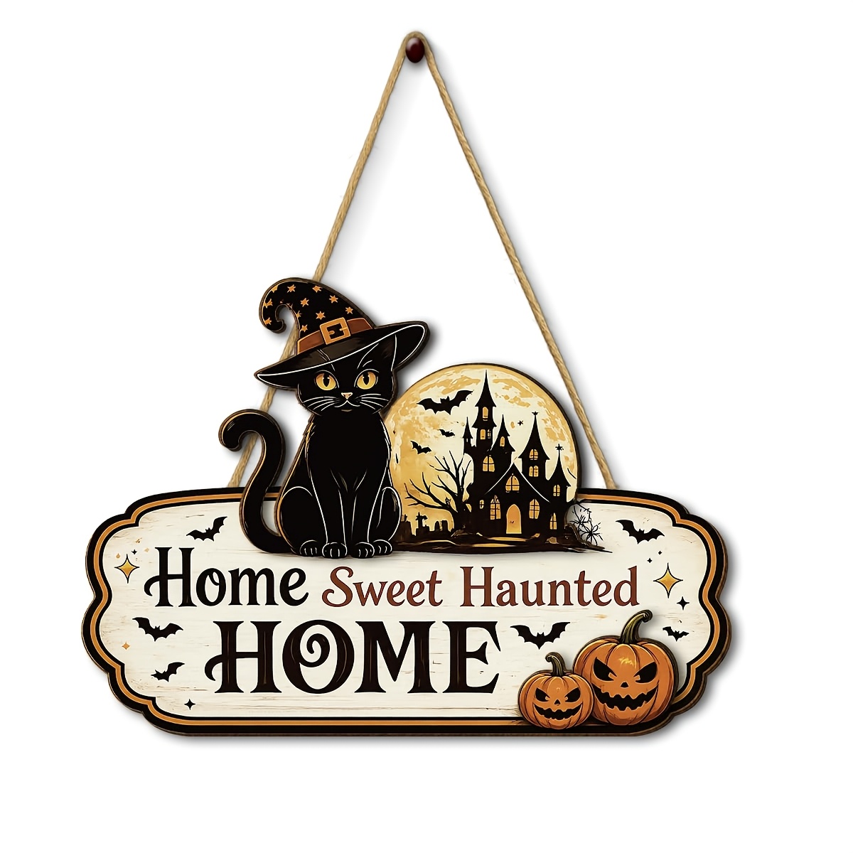 TEMU 2d Flat, 1pc 2d Flat Wooden Black Cat Halloween Door Sign, Spooky And Sweet Hanging Wreath, Suitable For Front Door Decoration, Scary Halloween