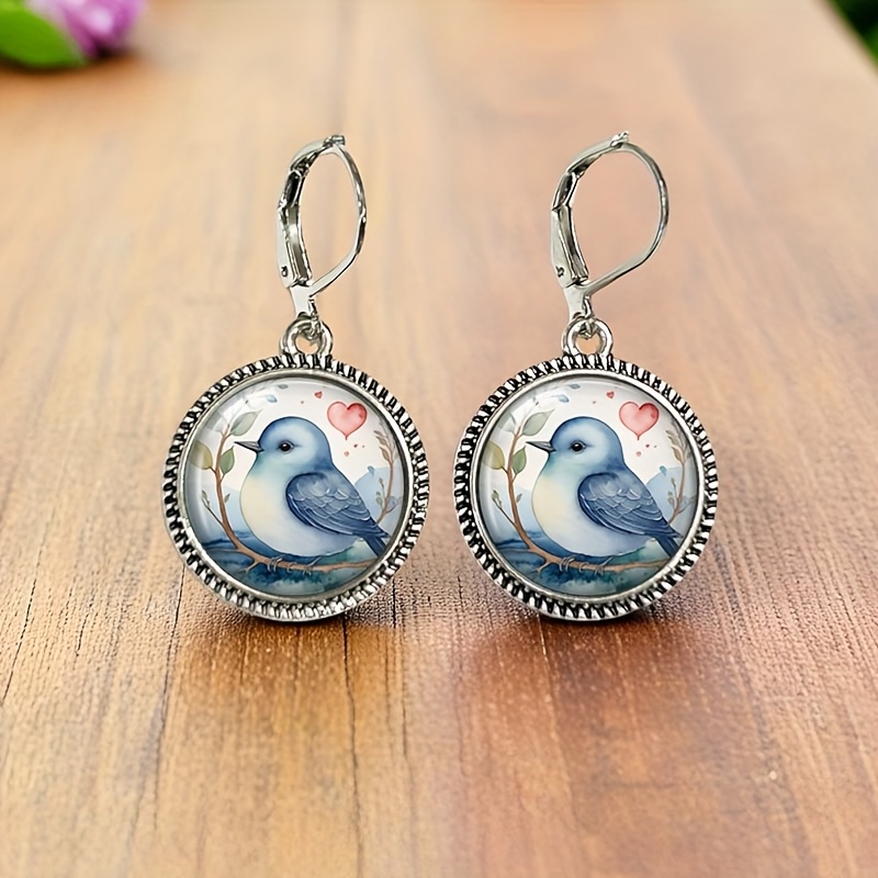 TEMU Vintage Round Glass Earrings Featuring An Illustration Of A Bluebird On A Branch, Without Battery