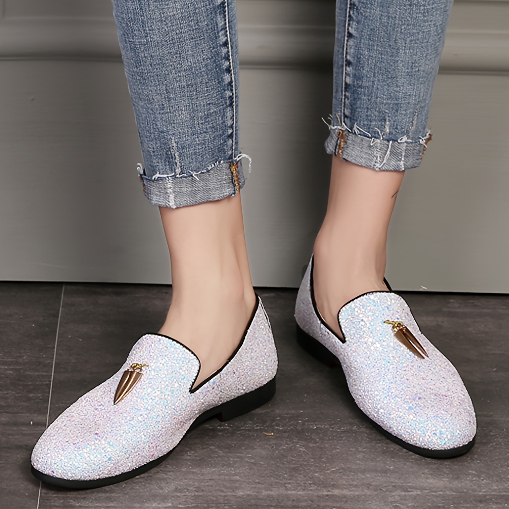 mens loafers metallic glitter slip moccasins dress shoes - Temu