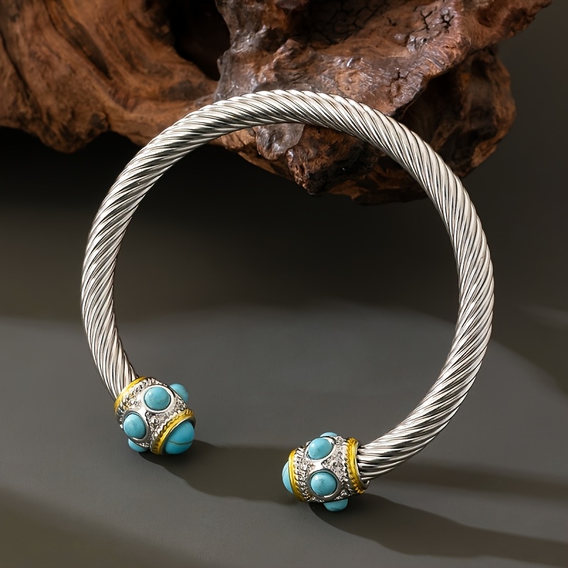 Women's Vintage Blue Synthetic Stone Open Bangle Bracelet, Adjustable