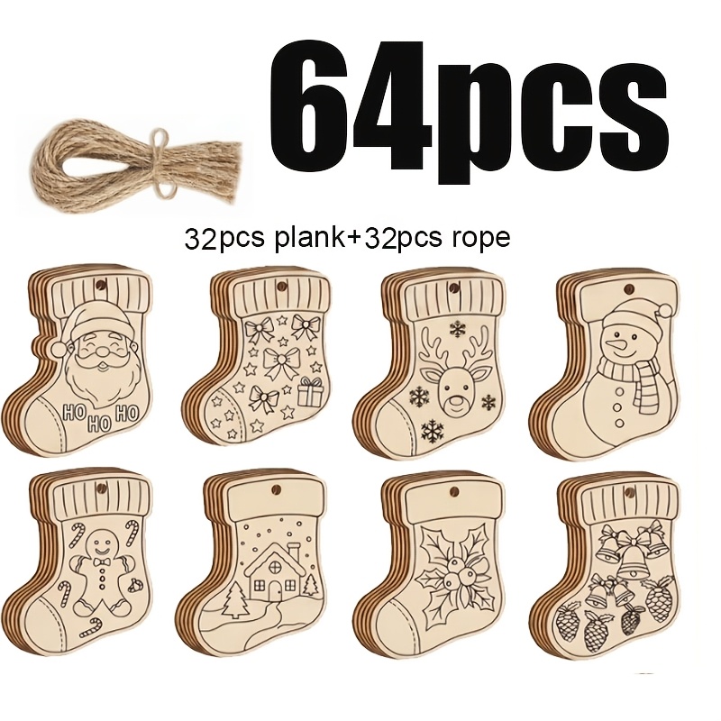 TEMU 64pcs Christmas Wooden Stocking Ornaments To Paint, 32pcs Plank And 32pcs Rope Unfinished Wood Christmas Crafts For Kids, Blank Hanging Stocking