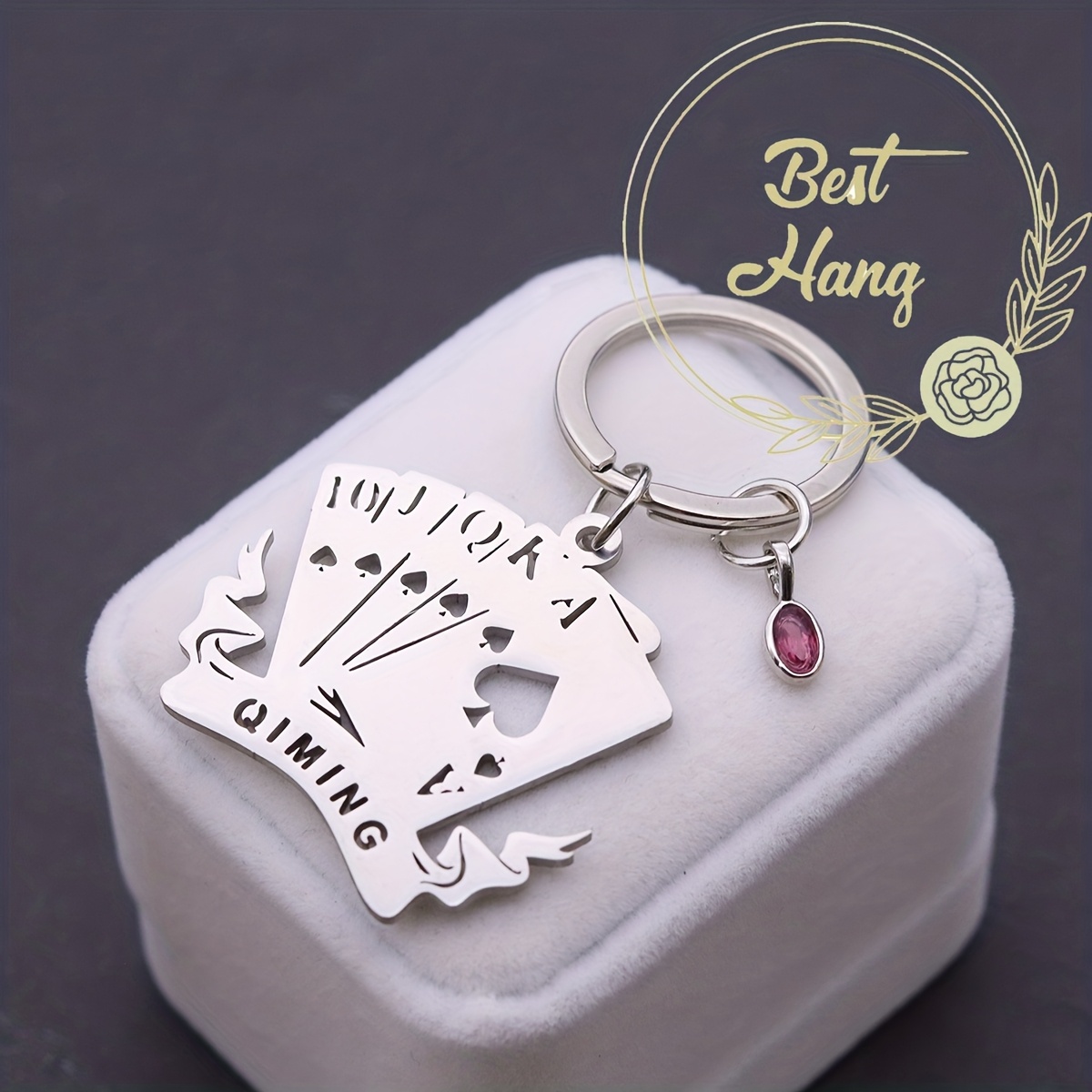 TEMU 1pc Personalized Card Keychain, Stainless Of Spades Party Keyring For Men And Women, Custom Name Playing Cards Hip Hop Birthstone Keychain,