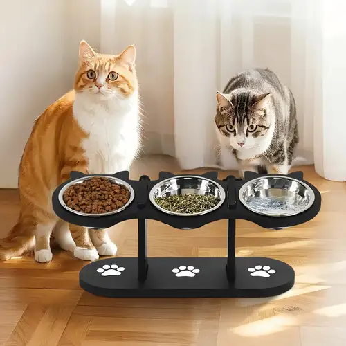 MicoSim Elevated Cat Bowl Set - Adjustable Wooden Stand With 2 Stainless Steel Bowls For Feeding & Water