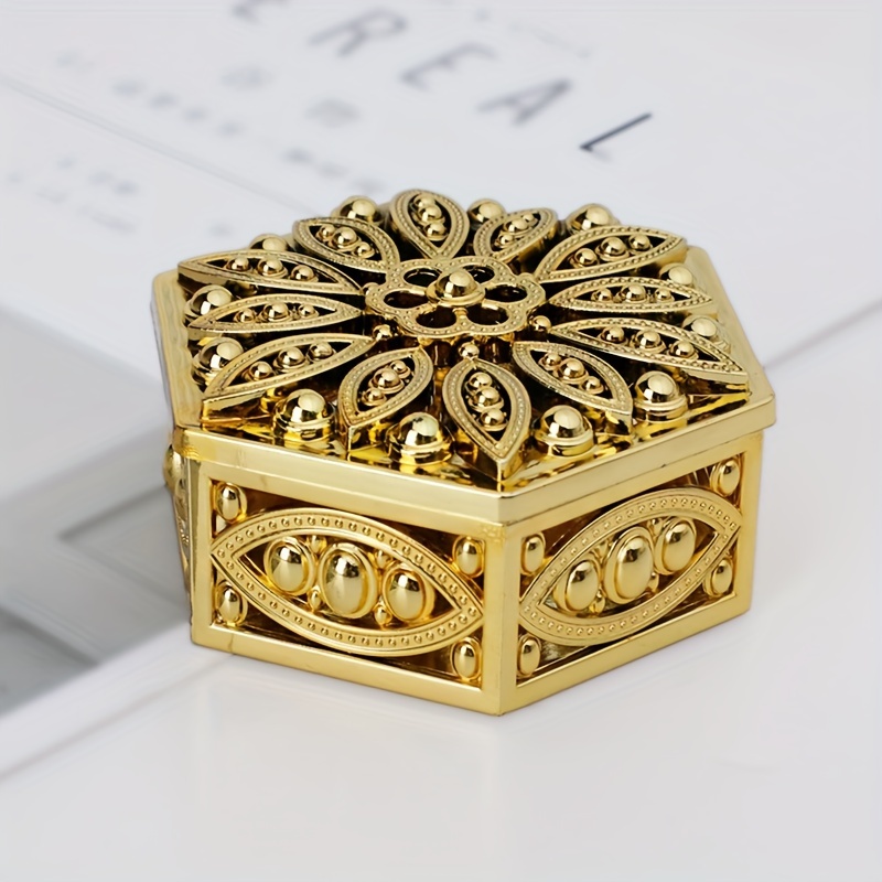 

Elegant Geometric Patterned Golden Hexagonal Gift Box With Lid - Decorative Plastic Jewelry Box For Special Occasions