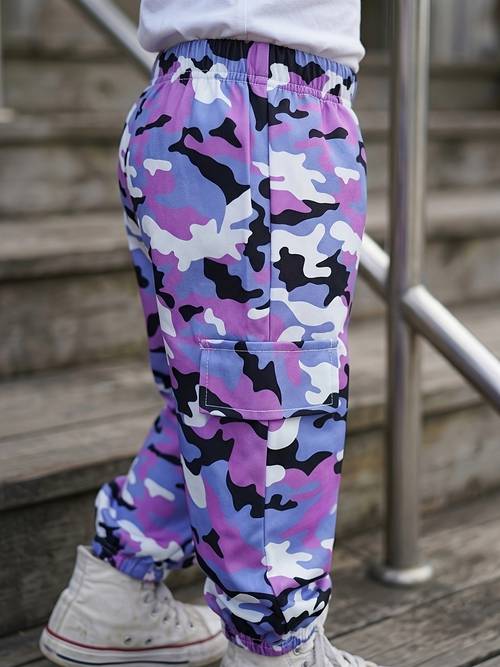 girls summer purple cargo joggers breathable fabric durable and fade resistant elastic waist with side pockets and hem suitable for casual wear outdoor activities school hiking and summer style