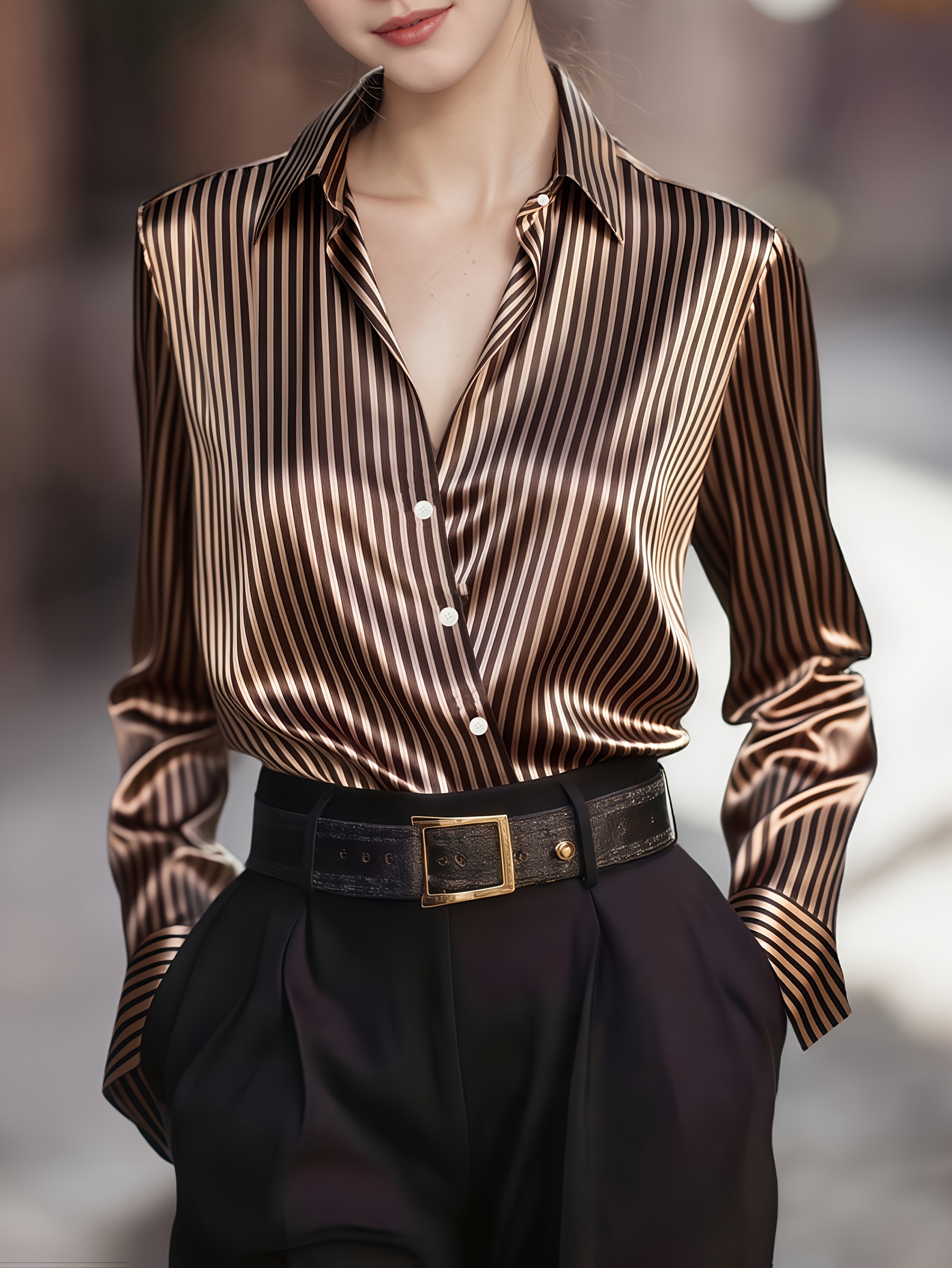 Camisa de satén a rayas elegante de alta gama para mujer, moderna y de moda para primavera y otoño