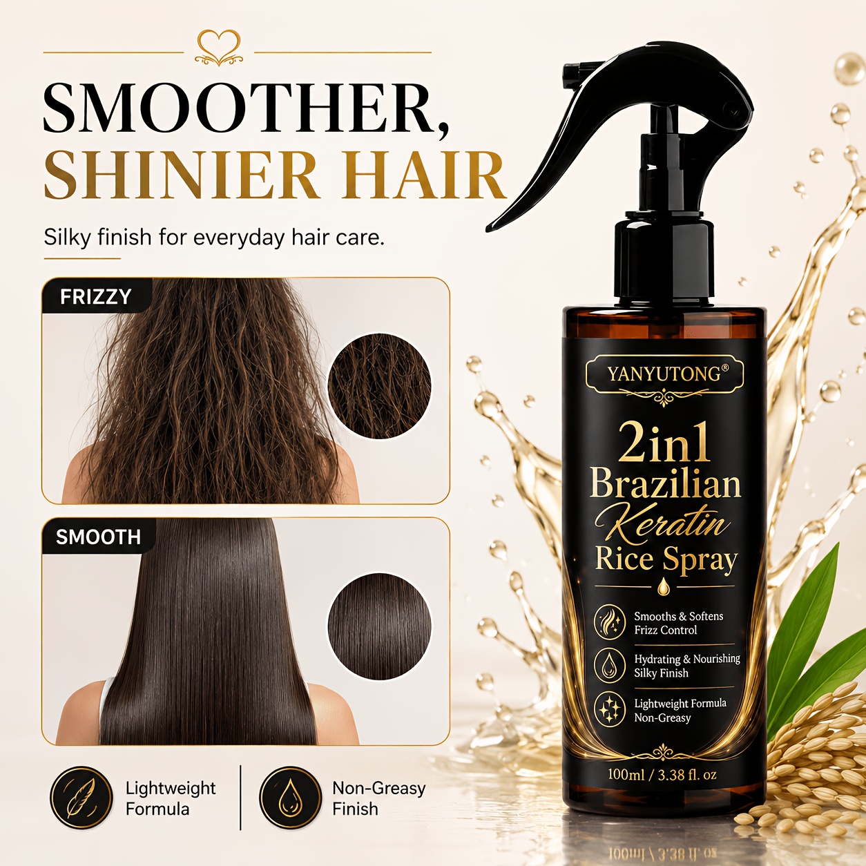 Yanyutong 2-in-1 Rice Straightening Spray 100ml, Smoothing Long-lasting Hair Spray, Improves Frizz, , And Dry Hair, Lightweight And Non-greasy, Suitable For Curly, , And Hair Types For