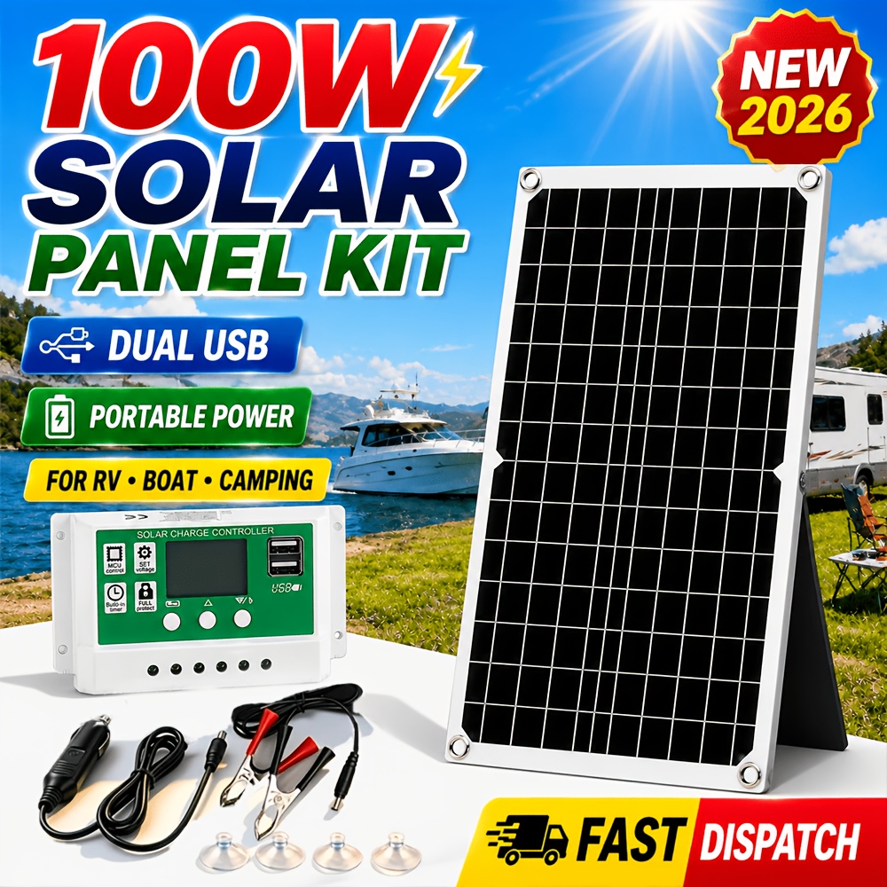 TEMU Portable Solar Panel Kit, 12v/24v Solar Charger With 100a Controller, Dual Usb Output, Extension Cords & Clips, Lightweight Power Supply For Rv