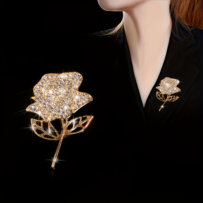 TEMU Fashionable And Elegant New Exquisite Sparkling Rhinestone Rose Brooch