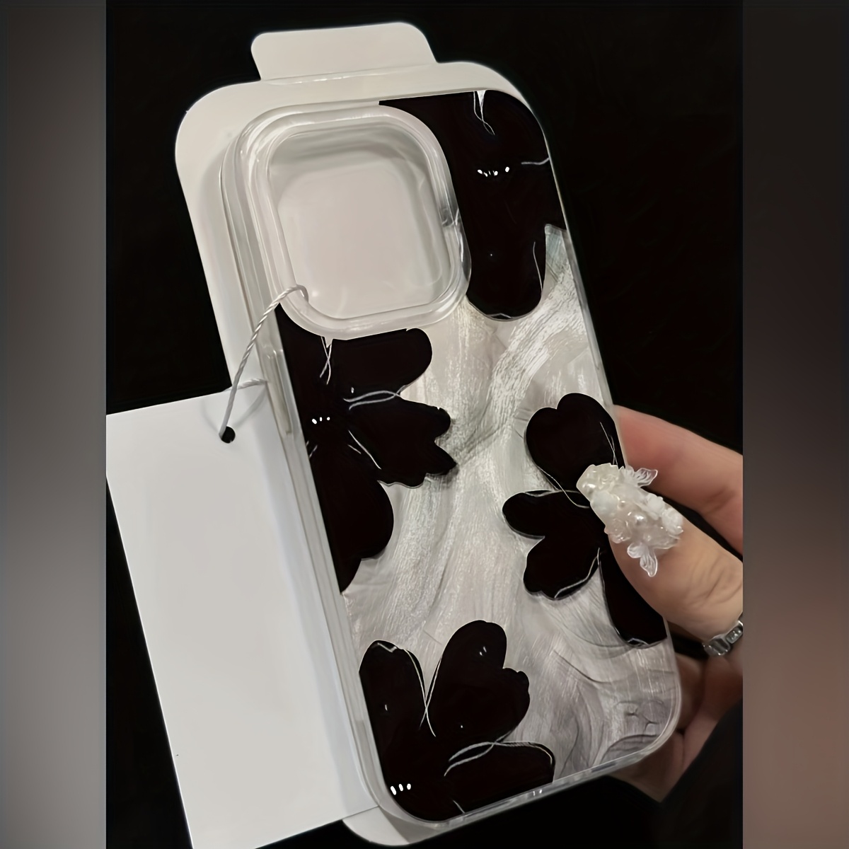 TEMU Phone Case: Black Floral Pattern Feather Yarn Full-coverage Drop-proof Phone Case With A , Shockproof Protection, A For Spring And Summer,
