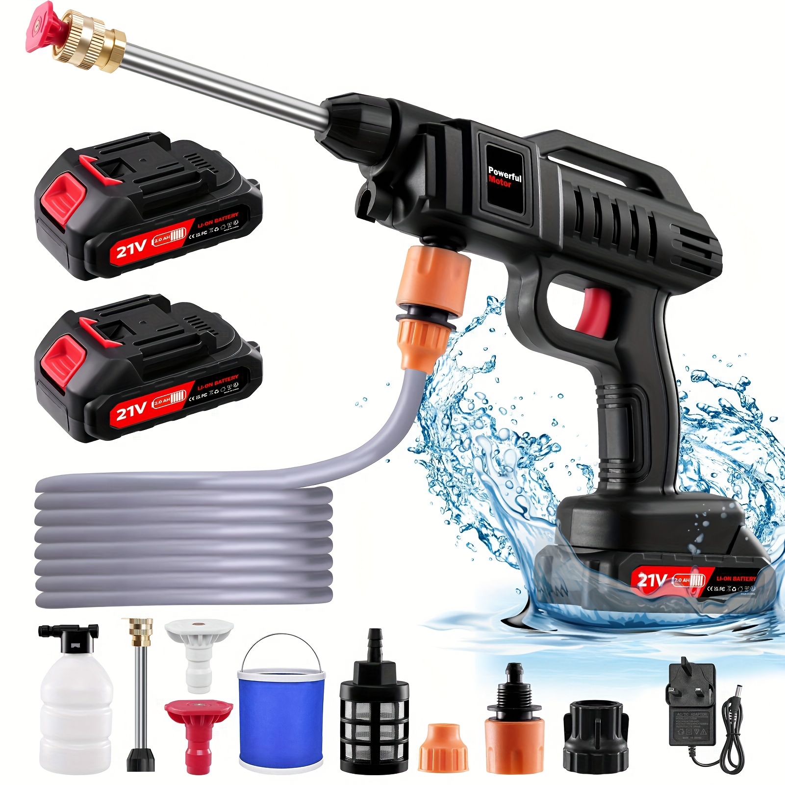 60 bar 870 psi cordless high pressure washer portable high pressure washer electric car wash machine 1500w high power motor   3 multi function nozzles 2 batteries 5m hose 1 charger ideal for car washing and yard cleaning