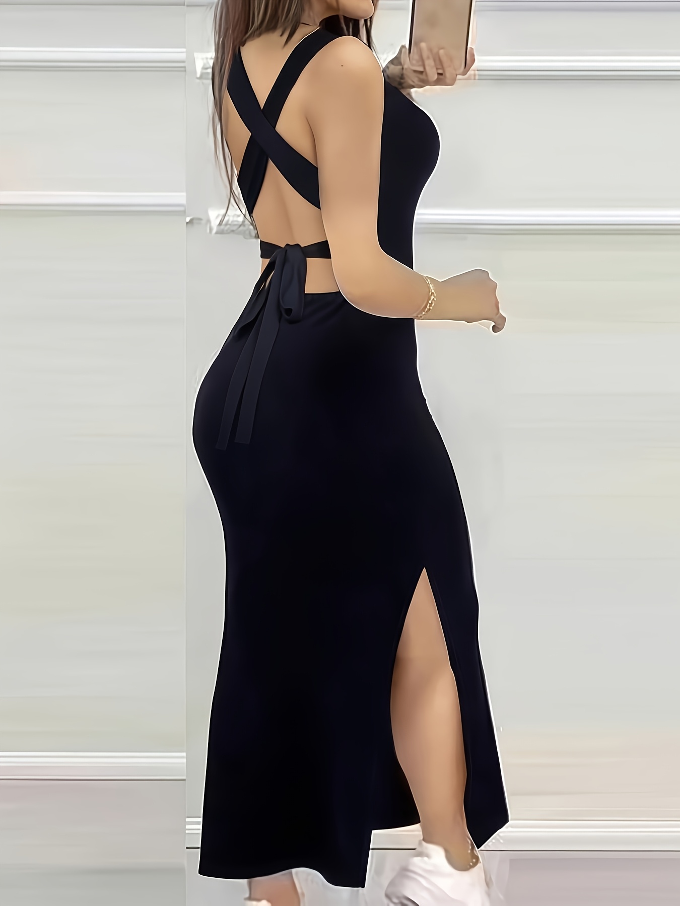 strapless open back dress Black Sequin Bodycon Dress with Thin Straps main image 1