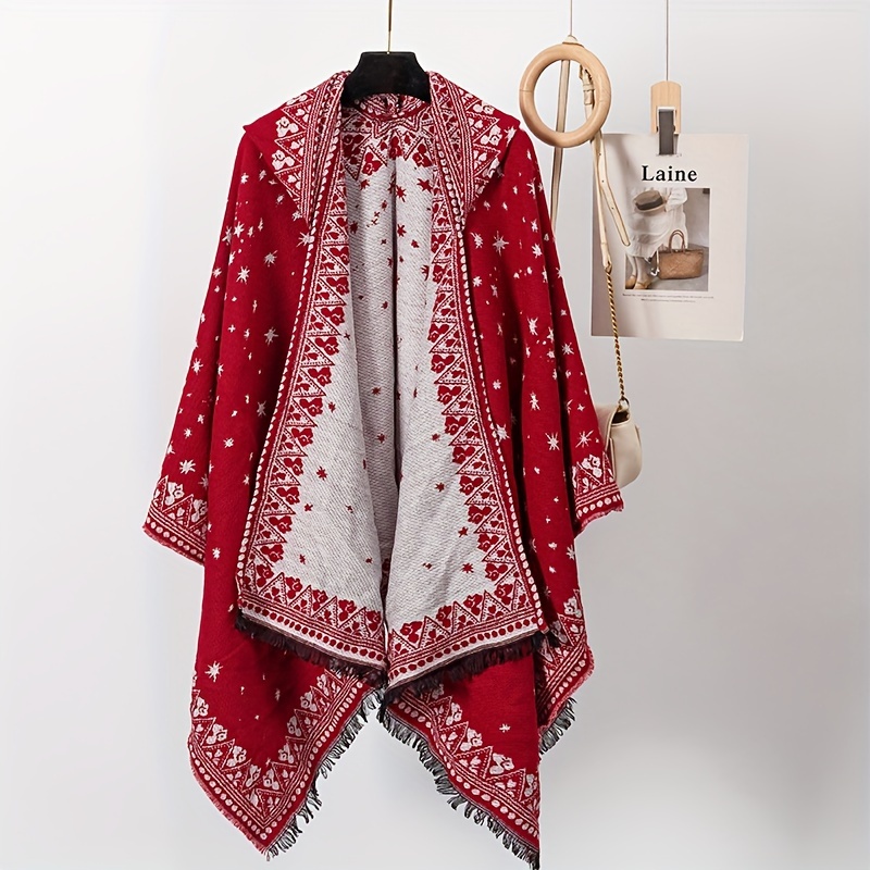 

Cozy Reversible Star-patterned Shawl - , Warm Acrylic Fiber Cape For Women | Christmas & Winter