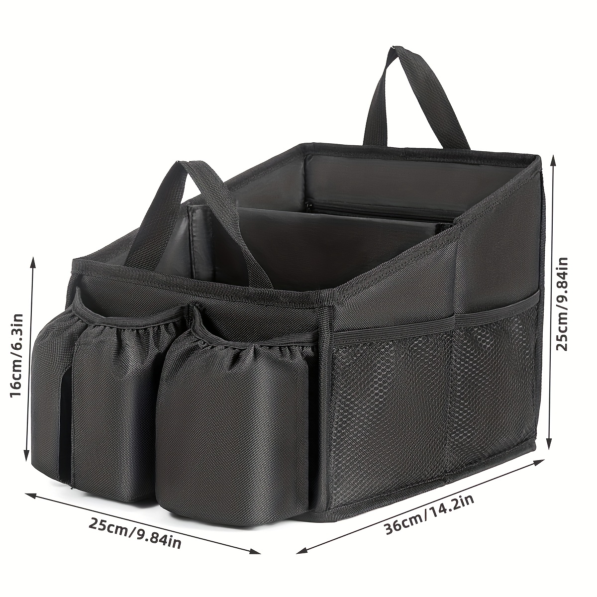A Black Passenger Seat Organizer With Dividers, A Foldable Car Storage Box Suitable For Front And Back Seats, Featuring 1 Cup Holder And A Tissue Box