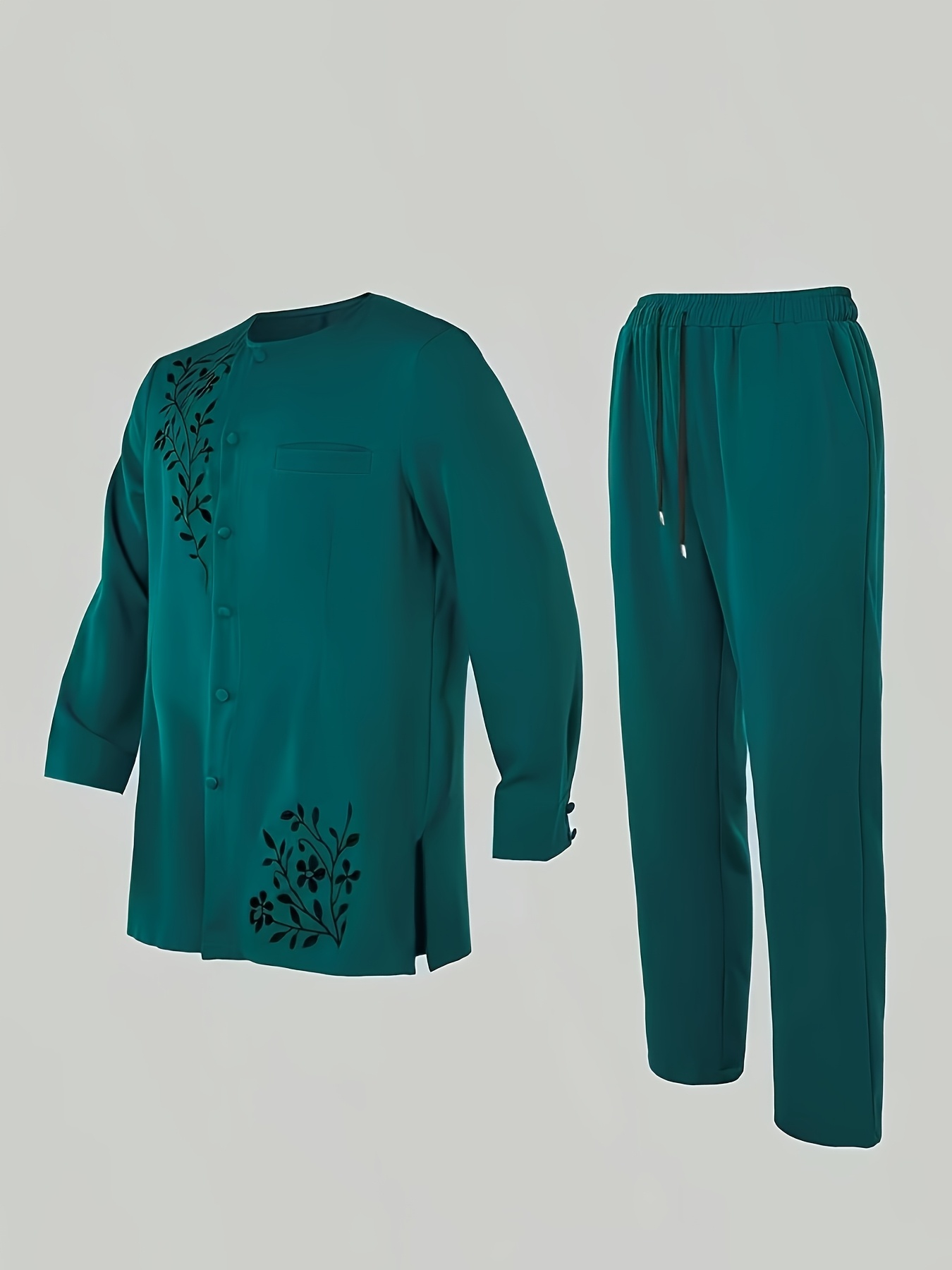 Men'S Casual 2pcs Set, Embroidered, Round Neck, Button, Pocket, Long Sleeved Top+Drawstring Elastic Pants, Fashionable Outfit for Parties, Weddings, Holidays, All Season New Styles 1 Set