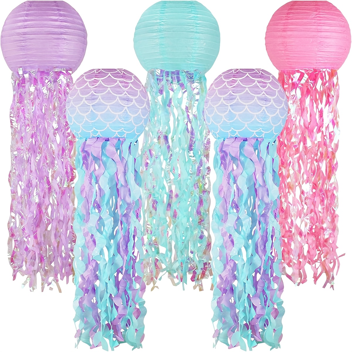 Image of 5pcs/3pcs Mermaid Birthday Decorations, Jellyfish Paper Lanterns Pink Mermaid Scales Hanging Lantern For Theme Under The Sea Ocean Birthday Party Decorations