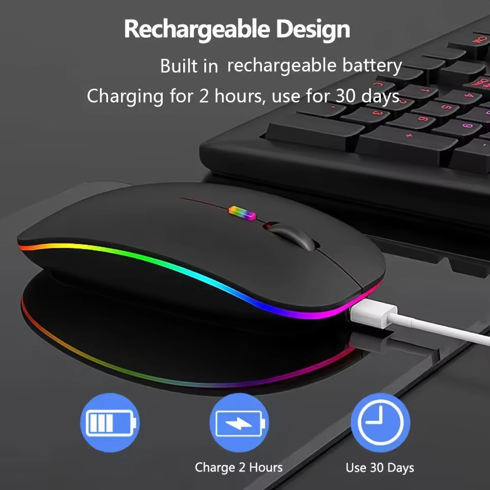 Souris sans fil rechargeable avec lumière LED, mode double BT et souris USB 2.4G pour le jeu, le portable, le tablette, le MacBook - Design noir élégant, forme ergonomique, plastique durable, chargement USB, chargeur non inclus, souris pour portable, accessoire pour tablette, accessoire moderne, surface lisse, souris sans fil pour portable, souris sans fil rechargeable, souris sans fil, souris ergonomique, souris de jeu, accessoire pour portable, souris ergonomique