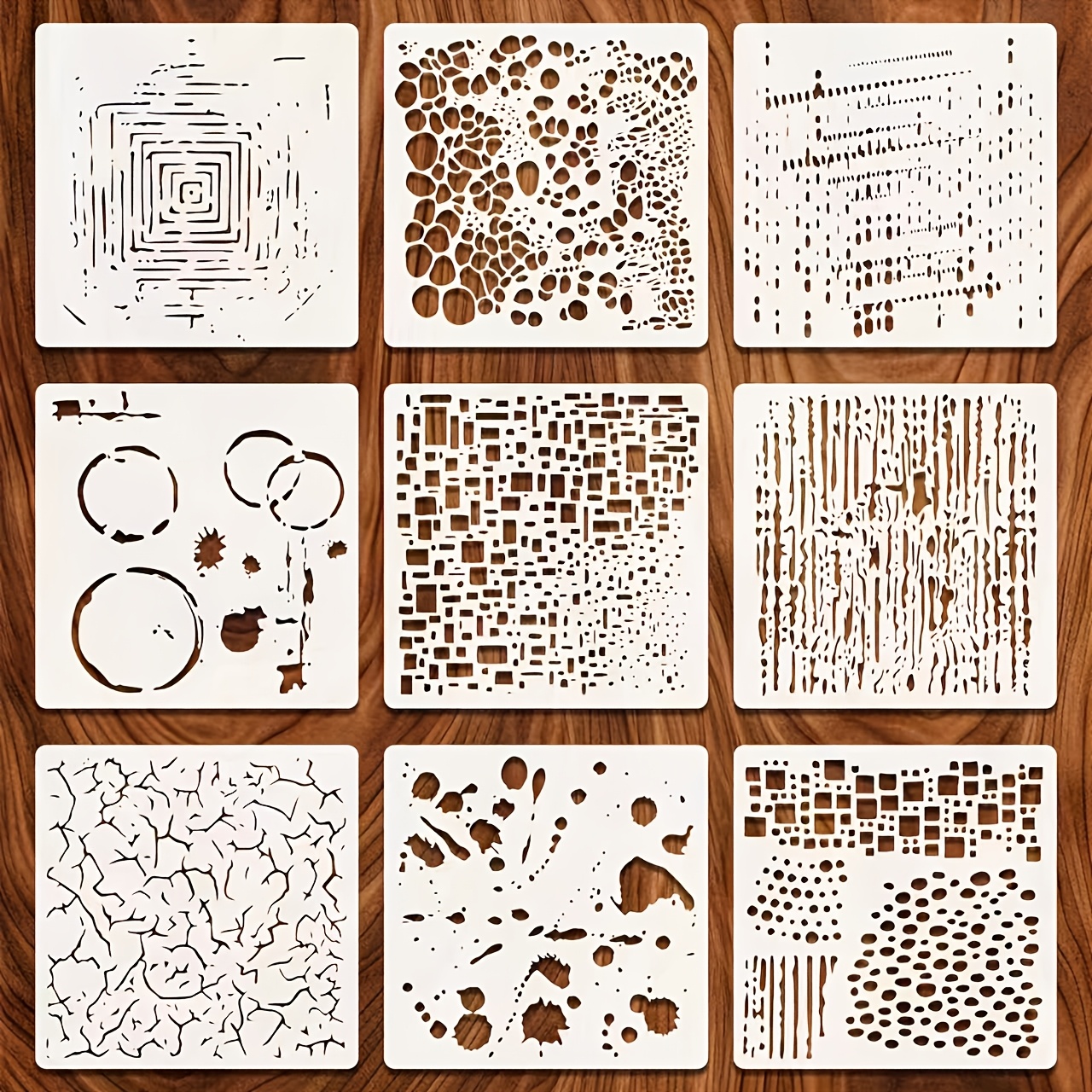 Image of 9 Large Stencils Featuring Bubble, Crack, And Splatter Geometric Patterns For Painting Wall Textures. Reusable Stencils Mixed With Crackle Spray Paint Art Stencils For Use On Canvases And Floors
