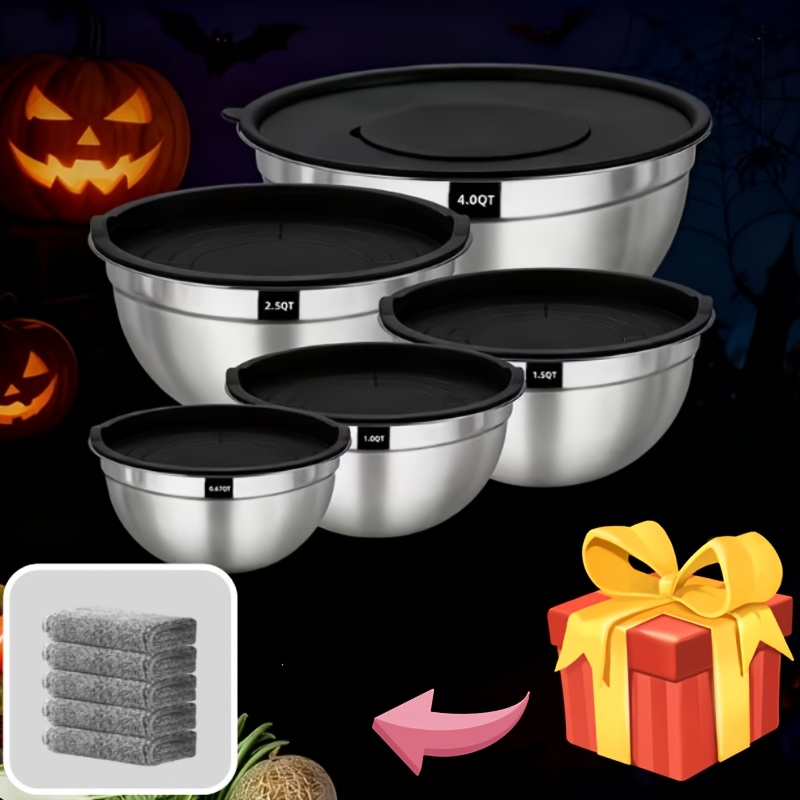 TEMU 5pcs Heavy-duty Stainless Steel Mixing Bowl Set With Airtight Lids - Rust-resistant Nesting Bowls With Non-slip Silicone Bases, Polished End,