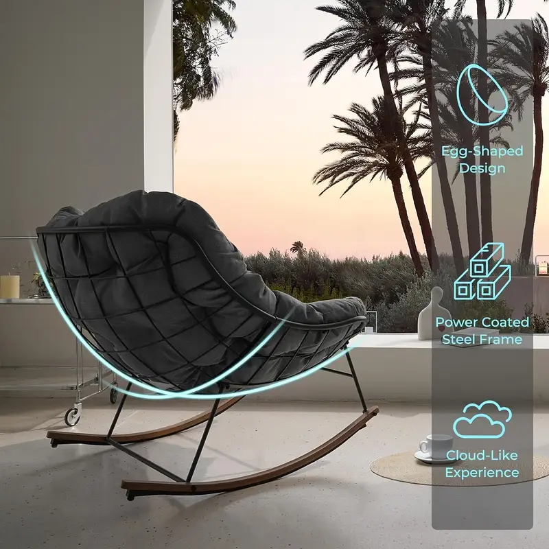 grey outdoor papasan rocking chair with cushion e coated metal frame uv and water resistant ideal for patio porch garden easy assembly tools recliner chair backyard details 3