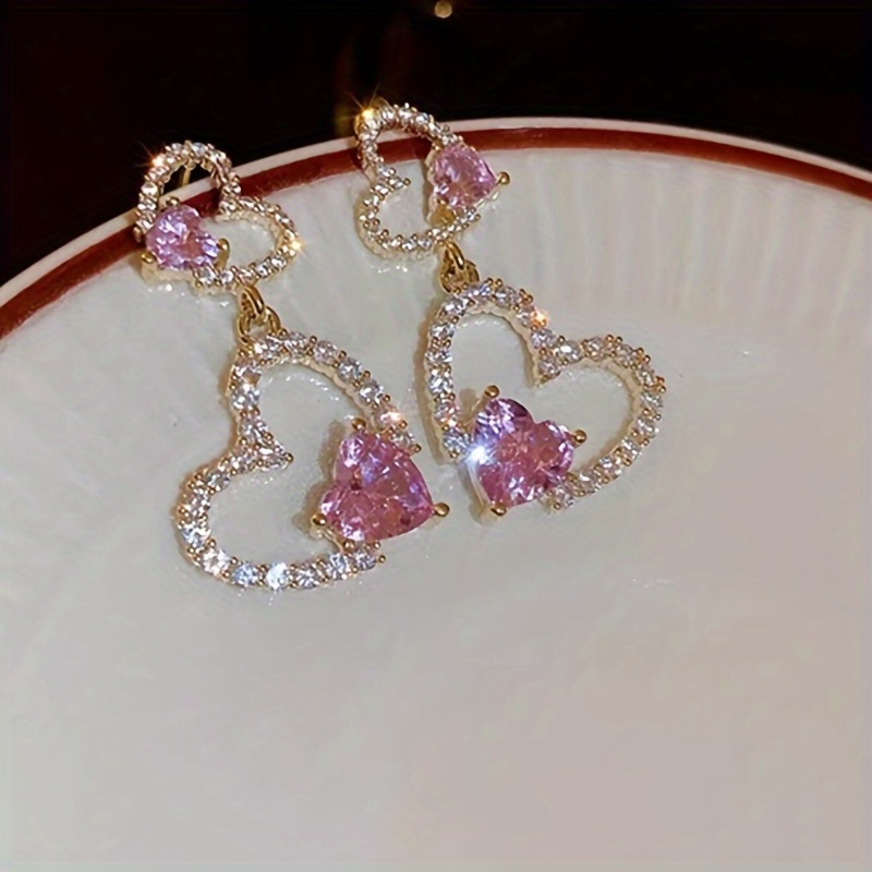 

European American 14k Gold Plated Diamond Earrings Pink Cubic Zirconia Cz Heart Dangle Earrings For Wedding Party