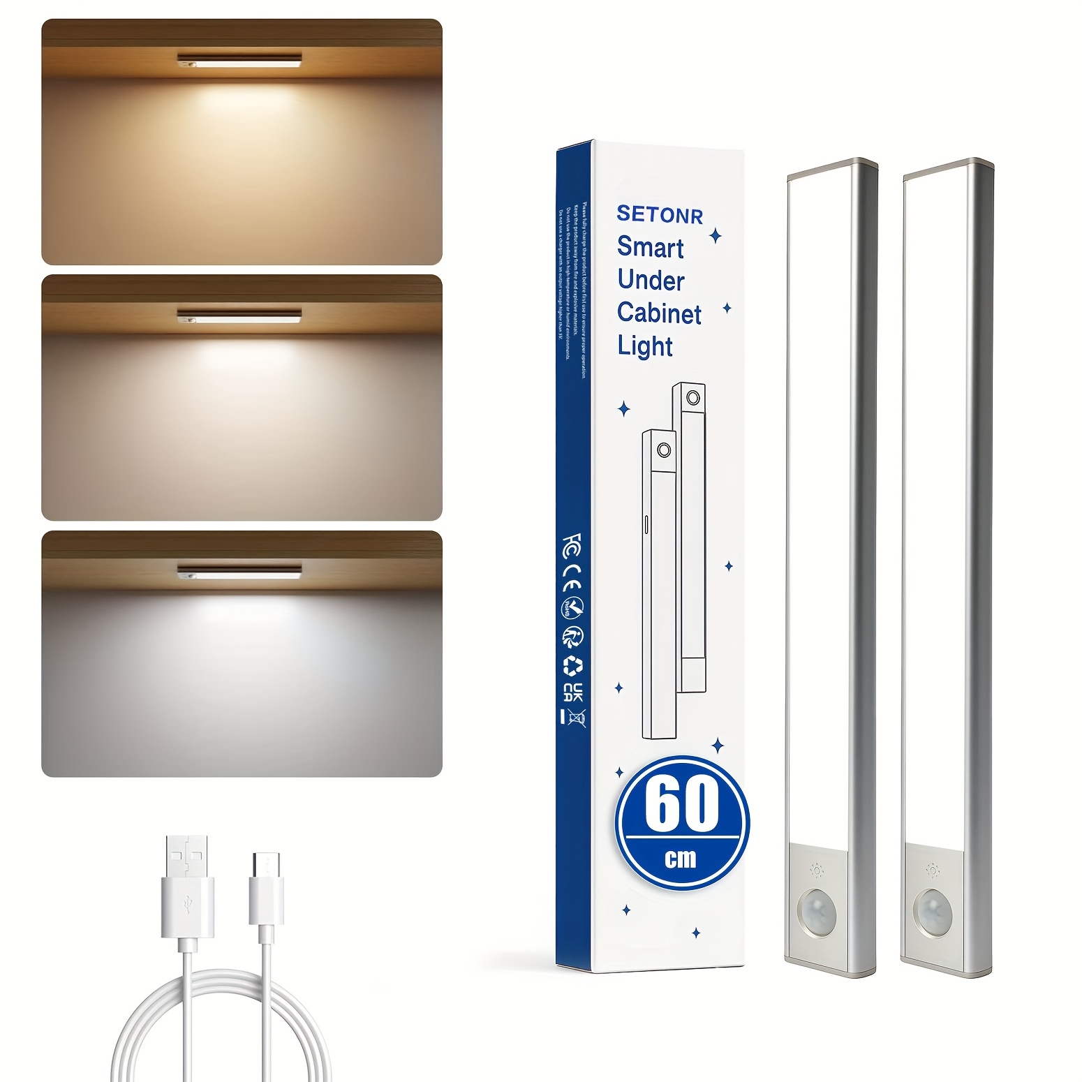 Setonr Under Cabinet Lights, Rechargeable Battery Operated Motion Sensor Light Indoor, 1/2 Pack Magnetic Dimmable Closet Lights, Wireless Under Counter Lights For Kitchen, Stairs