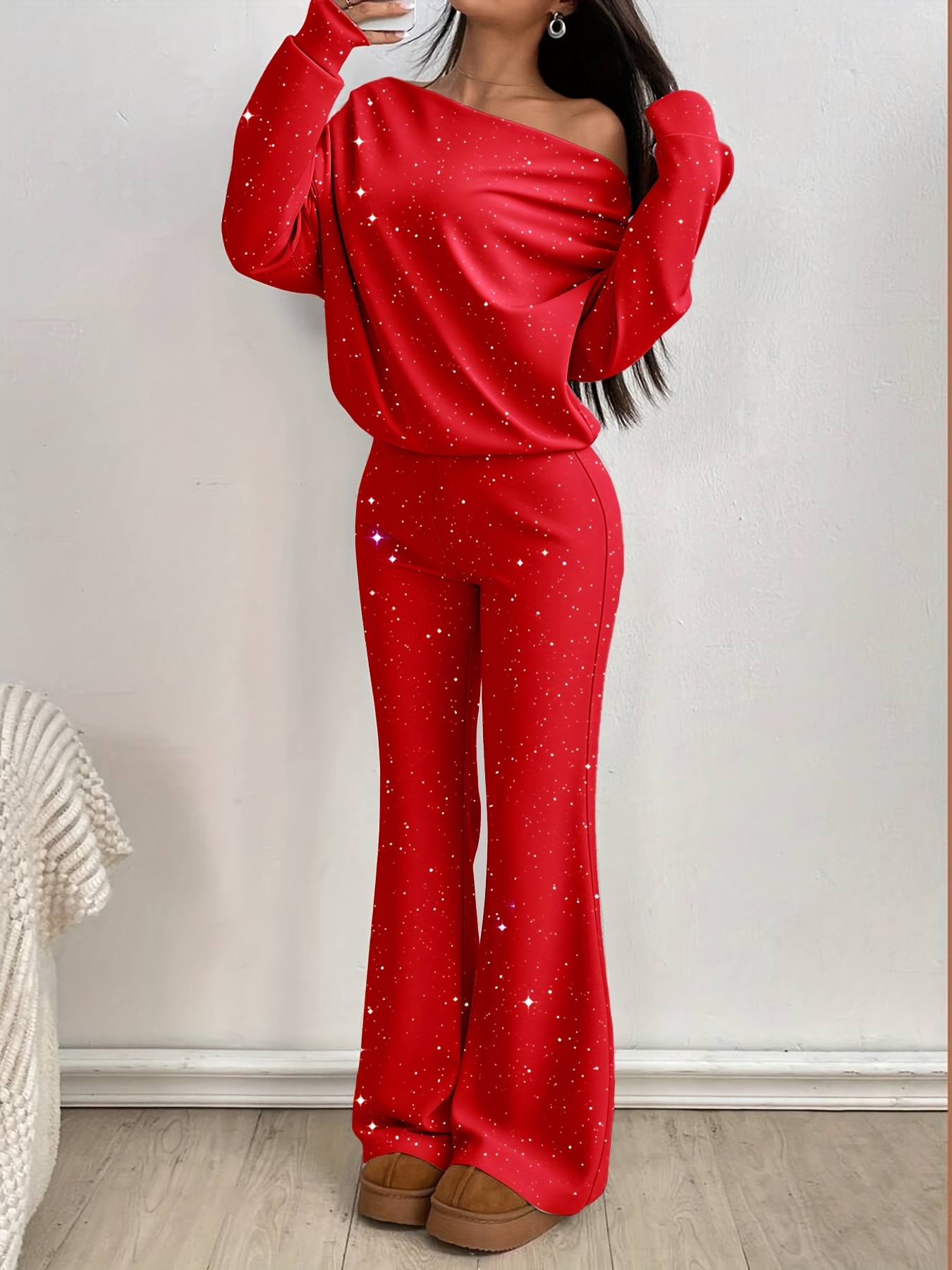 womens set sequin off shoulder long sleeve loose short top with low waist flare pants autumn minimalist style
