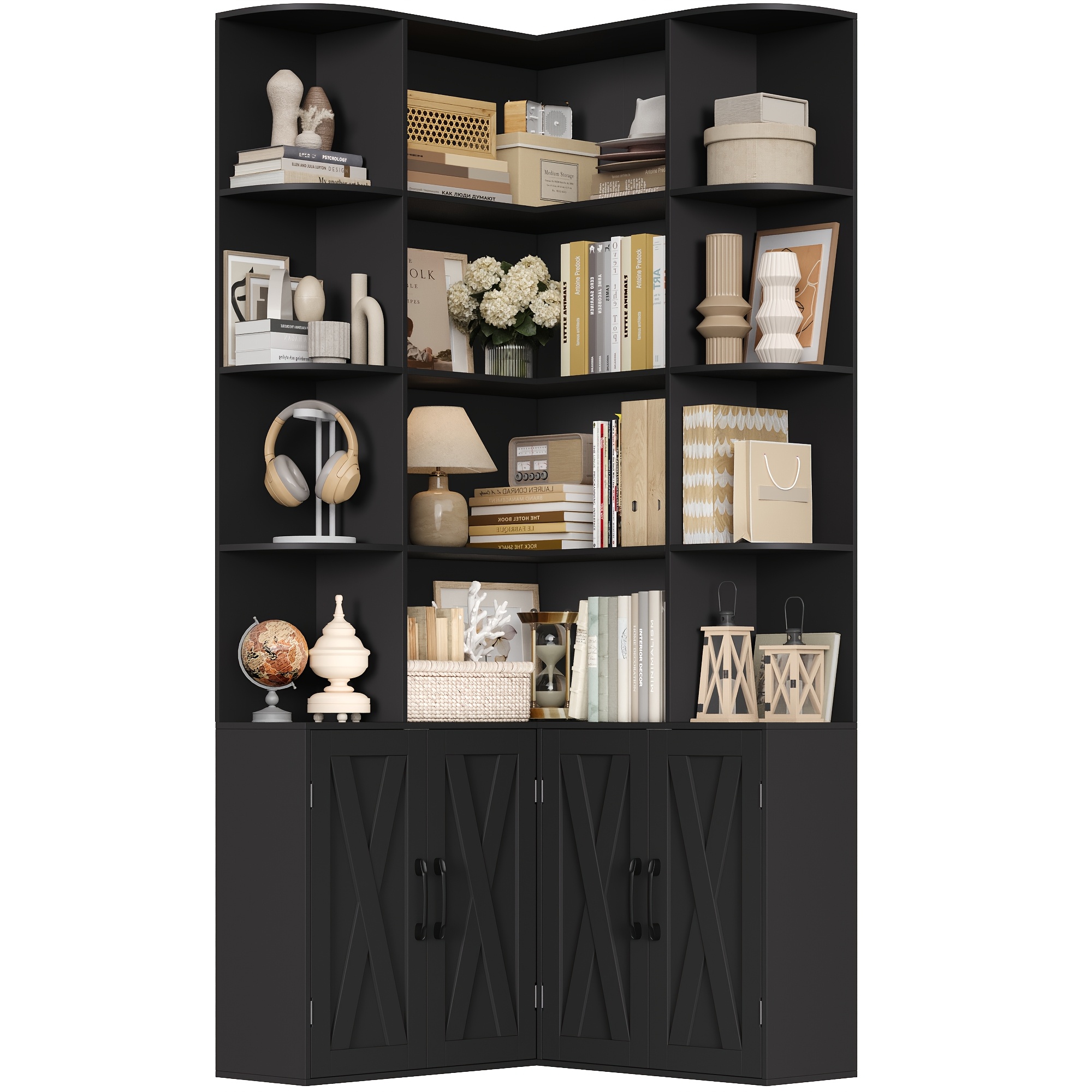 Kealive Bookcase With 4 Door 15 Compartments Tall Cabinet | Freestanding Hardwood Bookcase With Recessed Shelves For Living Room, Study, Kitchen -