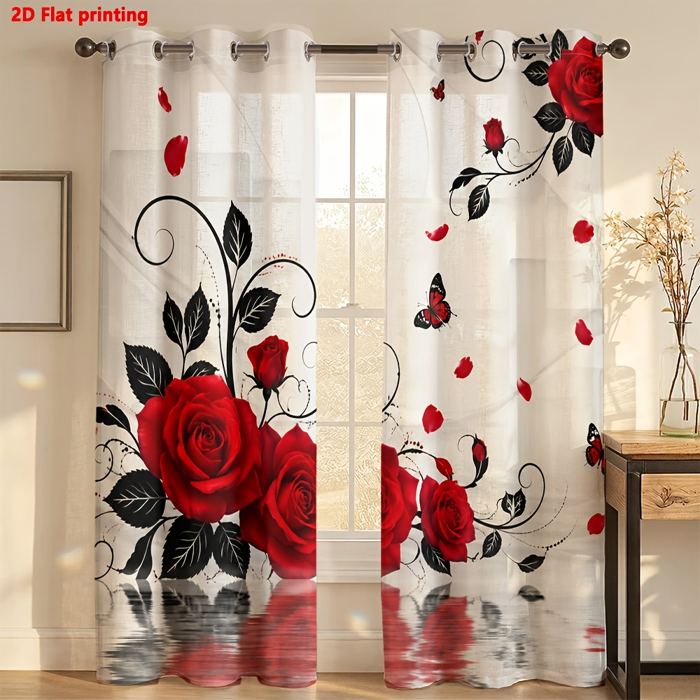 Image of 2d Flat - 2d Flat 2pcs Curtains Red Rose Pattern For Bedroom Living Room Home Decor Light Luxury Minimalist European Style, Suitable For Living Rooms, Bedrooms, Study Rooms, And Home Decoration