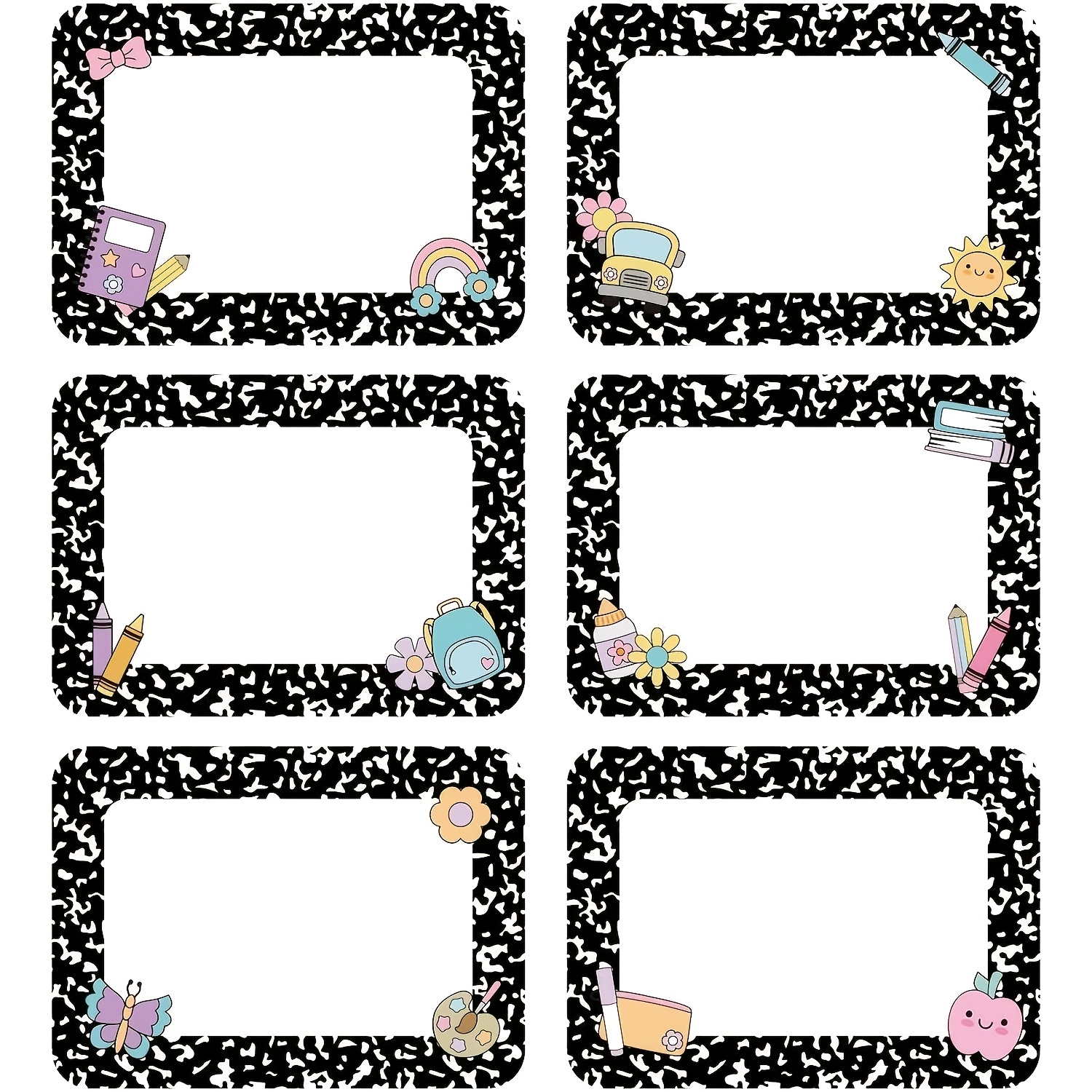 60pcs School Name Stickers Self-Adhesive Label Stickers Composition Classroom Decoration Stickers, Students' Black And White Border Name Stickers 6 Styles Suitable for Classroom, School, Office Decoration Stickers