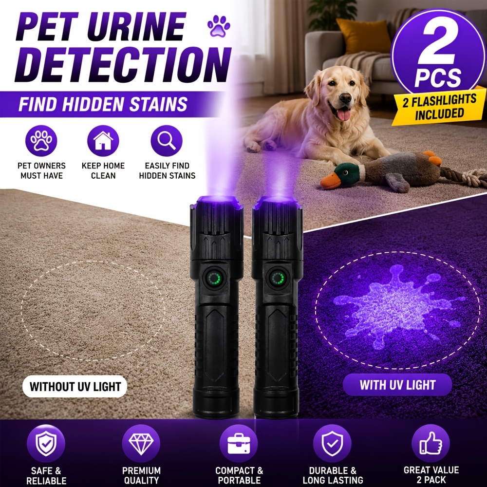 TEMU 2pcs Lihangstar Usb-rechargeable Uv Flashlight & Detection Light Suitable For Pet Stain Detection, Hunting, Car Ac Leak , Hotel , Portable
