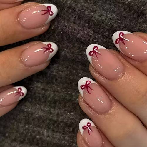 24pcs short oval press on nail set glossy with red bow fashionable and elegant suitable for occasions