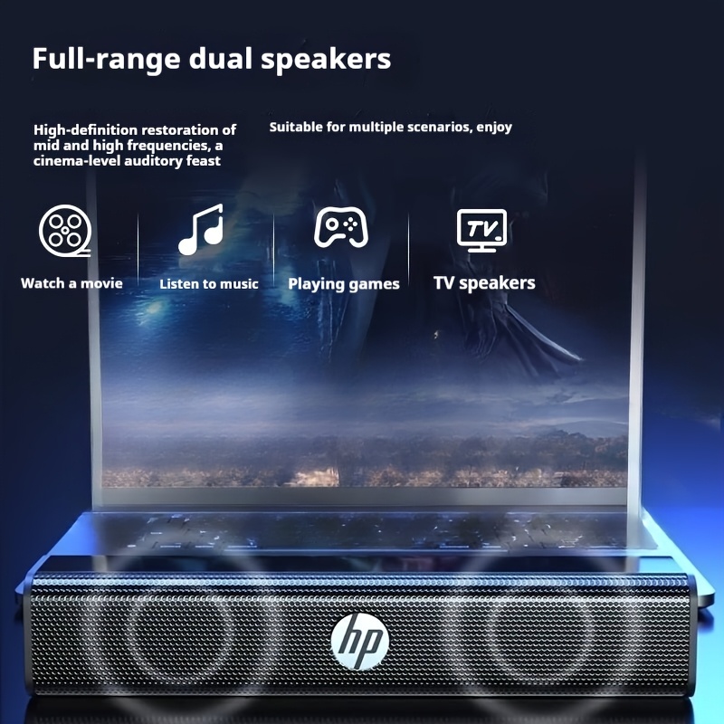 HP Desktop Multimedia Subwoofer Speakers, Surround Sound Playback Device for Laptops, 360° Panoramic Surround Sound Effect, Metal Mesh Cover Enhances Sound Transmission, USB Plug-And-Play, Space-Saving Bar Design
