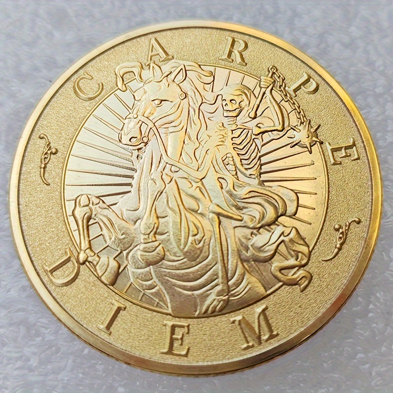 

Vintage Coin - Golden- Metal, Theme With Intricate Horse & Skeleton Design, Round Collectible Commemorative Coin For Decor