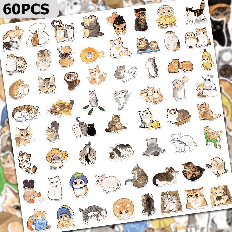 TEMU 60 Sheets Watercolor Cat Stickers - Non-repeating Cartoon Cute Kitten Stickers, Suitable For Laptops, Phone Cases, Water Bottles, Journals,