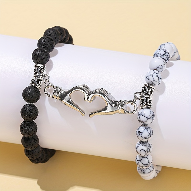 

Pair, Sansango 2pcs Set: Magnetic Heart Couple Bracelets - Natural Stone, Black & White Beads, Valentine's Day & Gifts