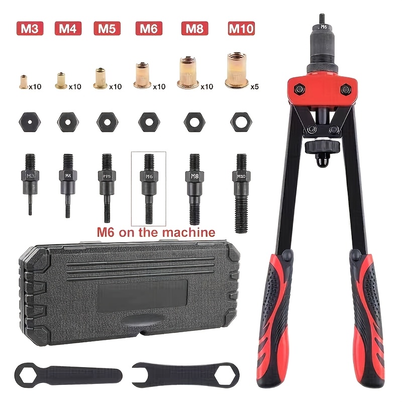 Image of 1 Set Rivet Nut Tool, Professional Hand Rivet Nut Setter Kit, Including 6 Mandrels M3 M4 M5 M6 M8 M10 And Carry Case, Labor- And , Without Battery