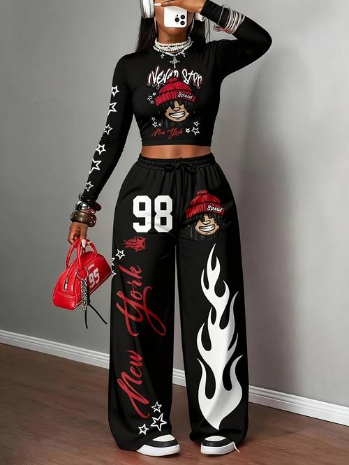 y2 vintage hip hop top with drawstring waist pants set 2pcs with pockets womens