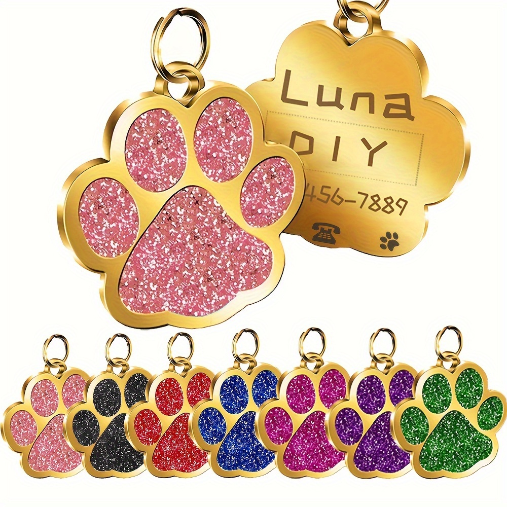 

Customizable Glitter Paw Print Pet Id Tag For Cats And Dogs - Zinc Alloy Personalized Name Pendant Tags - Perfect Personalized Accessory For Pet Collars, Perfect Gift For Your Pets