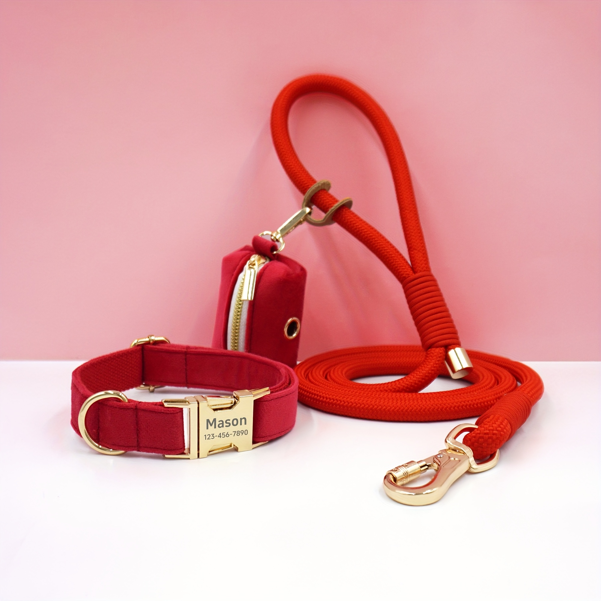 Customizable Soft and Comfortable Velvet Pet Dog Collar with High-Tensile Zinc Alloy Hook Buckle, Hand-Woven Round Rope Waste Bag Set. Free Laser Engraving of Pet Dog's Name and Owner's Phone Number. Dog Birthday Gift, Wedding Gift, Christmas Gift