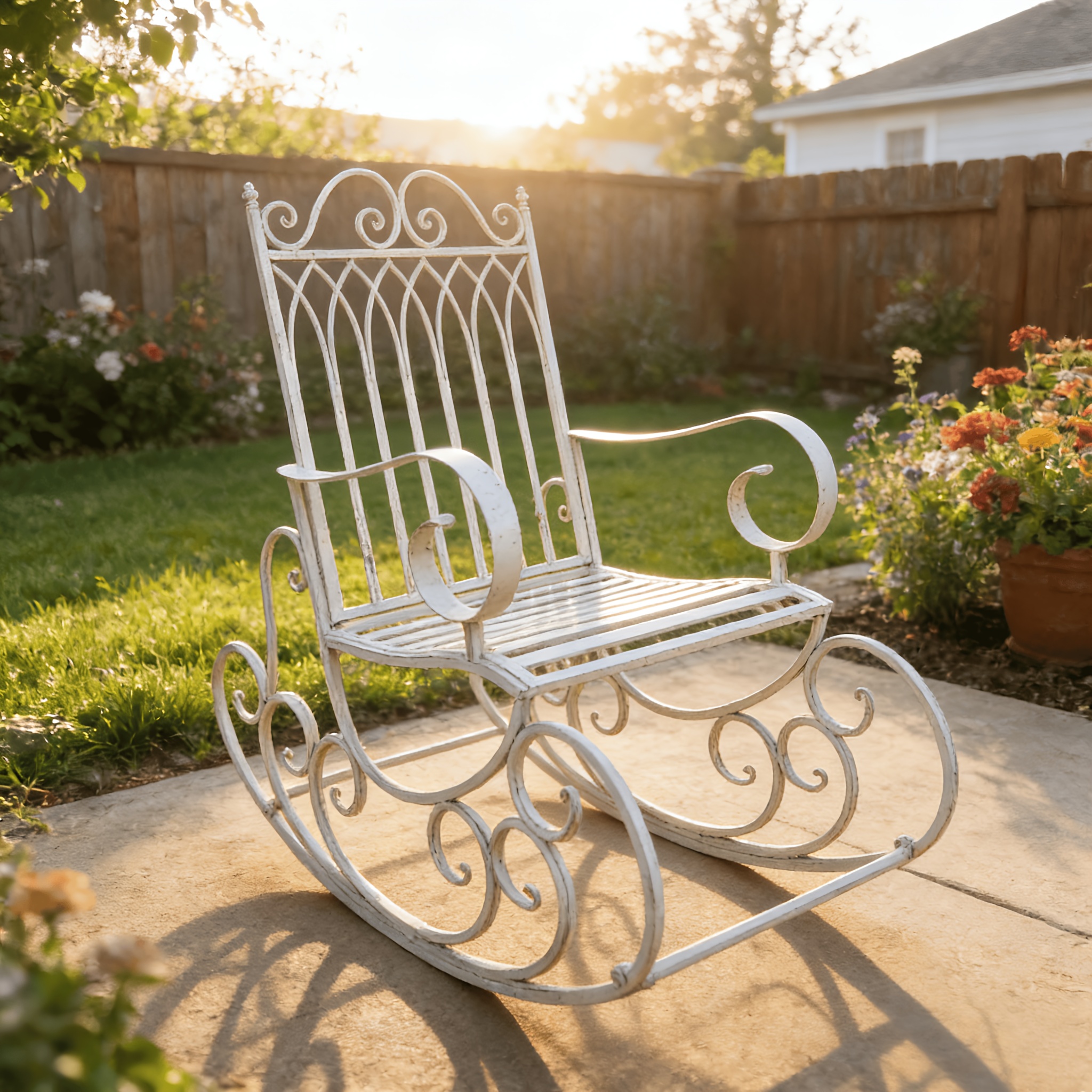 [Iron Rocking Chair] Outdoor Garden Single Wrought Iron Rocking Chair - Durable Iron Frame, Patio Rocking Chair, Comfortable Reading Chair, Cross-back Design, Suitable For Gardens, Lawns, Or Outdoor Use, Garden Seating, Outdoor Furniture