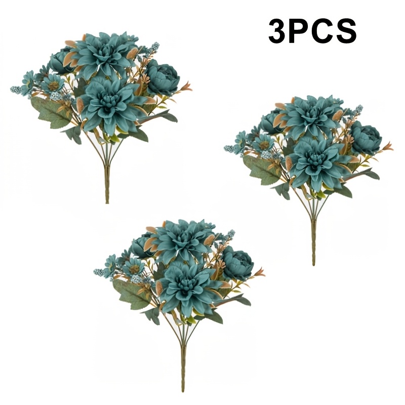 TEMU Lot de 3 bouquets de fleurs artificielles : bleue, dahlia, , rose, pour intérieur, maison, salon, salle de bain, centre de table en vase, jardin