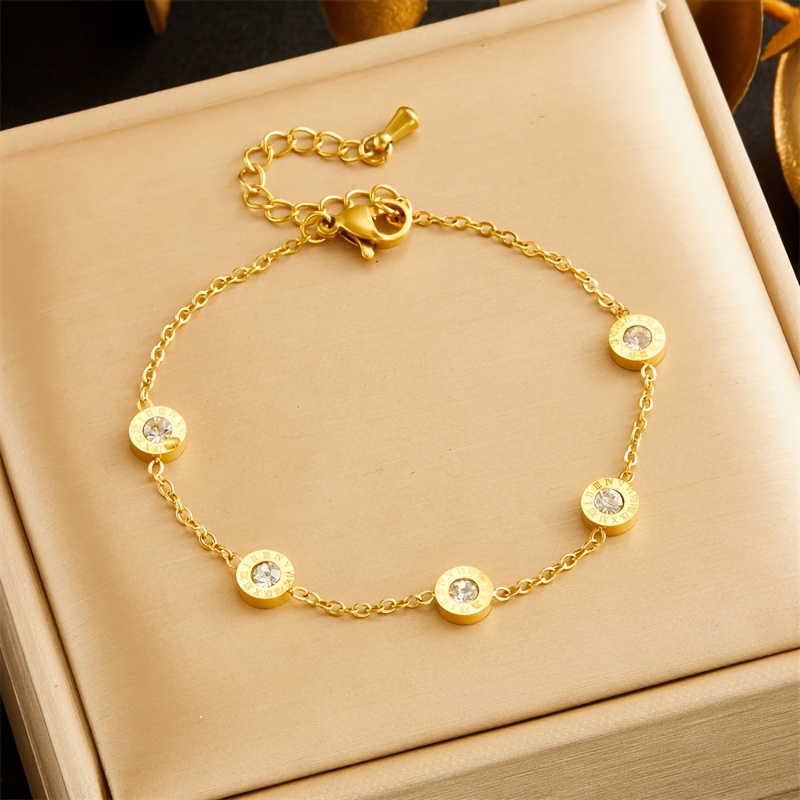 Image of French Fashion Versatile Daily Golden Roman With Rhinestones Stainless Steel Bracelet Without Box