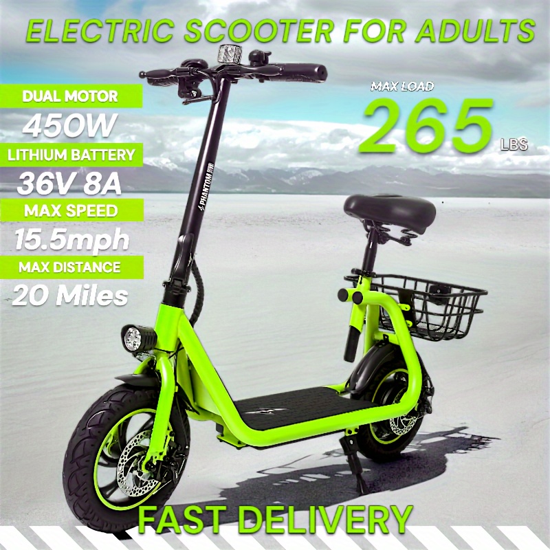 

Electric Scooter For Adults - Foldable Scooter With Seat & Carry Basket - 450w Brushless Motor 36v - 15mph 265lbs Max Load E Mopeds For Adults - Neon