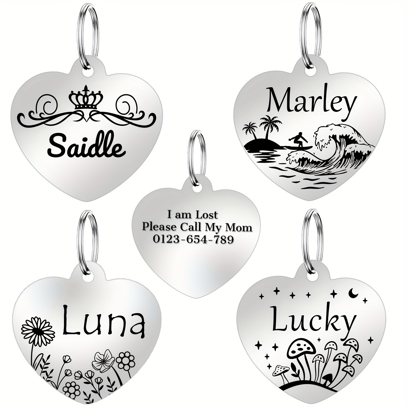 

Personalized Pet, Dog, Cat Name Tag, Laser Double-sided Engraved , Phone, Anti-lost, Mushroom/crown/wave/flower Theme, Silvery Small Heart-shaped Stainless Steel Tag