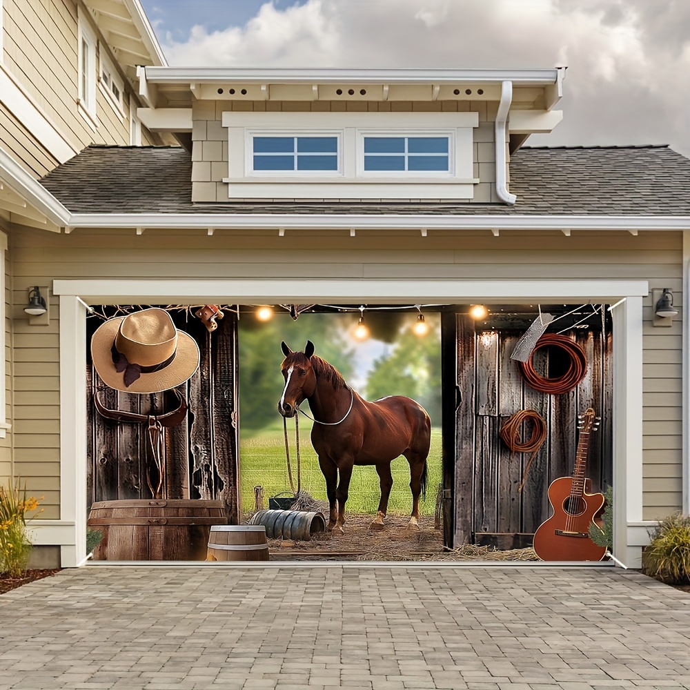 

1pc Rustic Kentucky Farm Scene Garage Door Banner - Durable Fabric, Animal-themed No-electricity Festive Decoration, Ideal For Parties And Outdoor Backgrounds