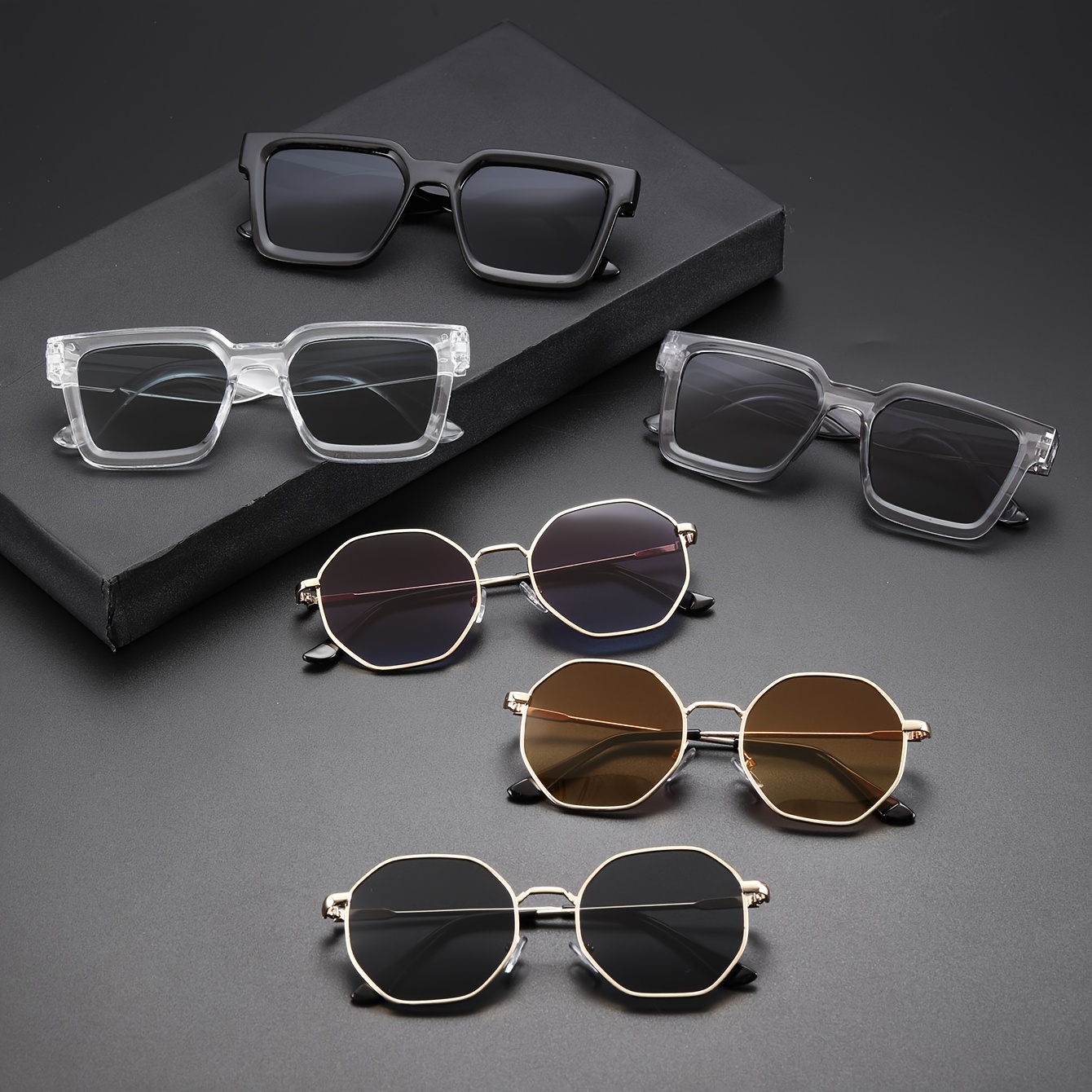 

6 paires de lunettes de soleil carrées classiques géométriques pour hommes, tendance et décoratives, polyvalentes pour la conduite quotidienne et les voyages.