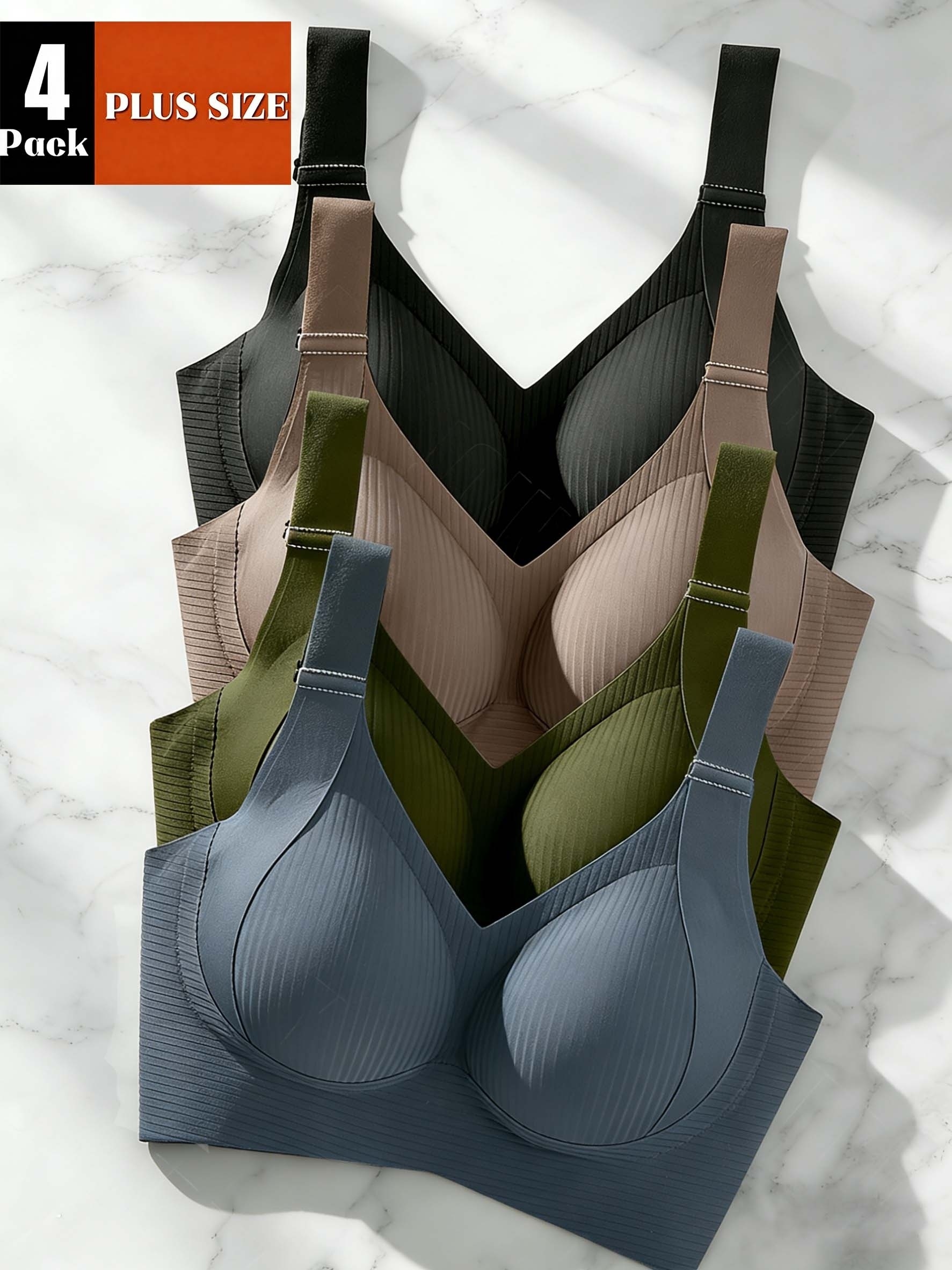 plus size 4 pack seamless gathered bra 1xl 4xl high   solid color wide shoulder straps removable pads comfortable everyday and special occasion wear