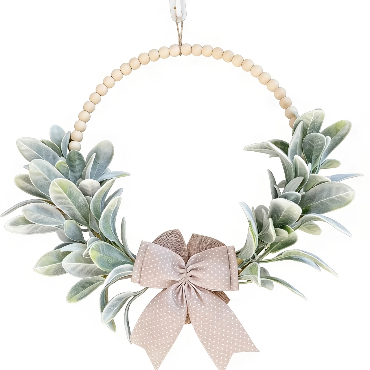 Image of Rustic Farmhouse Wooden Bead Garland With Artificial Eucalyptus Leaves And Polka Dot Bow - Seasonal Door Decor For Home, , No Power Needed, Rustic Farmhouse Decor